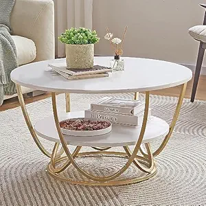 REGAL ARTWARES  Marble Top Round 2 Tier Metal Coffee Tables Simple Living Room Table Sets, Sofa Center Table End Tables with Metal Frame Home Decor for Living Room (Gold & White)