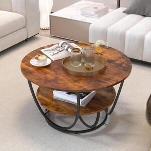 REGAL ARTWARES Marble Top Round 2 Tier Metal Coffee Tables Simple Living Room Table Sets, Sofa Center Table End Tables with Metal Frame Home Decor for Living Room (Black & Brown)